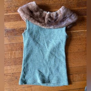 Preloved Mint Green Knit Tank with Real Fur Collar